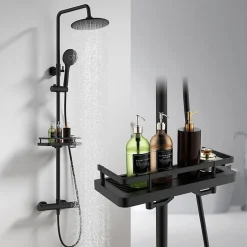 Homelody Système de Douche avec Thermostat et Tablette de Douche Ensemble de Douche Complet Noir avec Pomme de Douche Ronde Effet Pluie