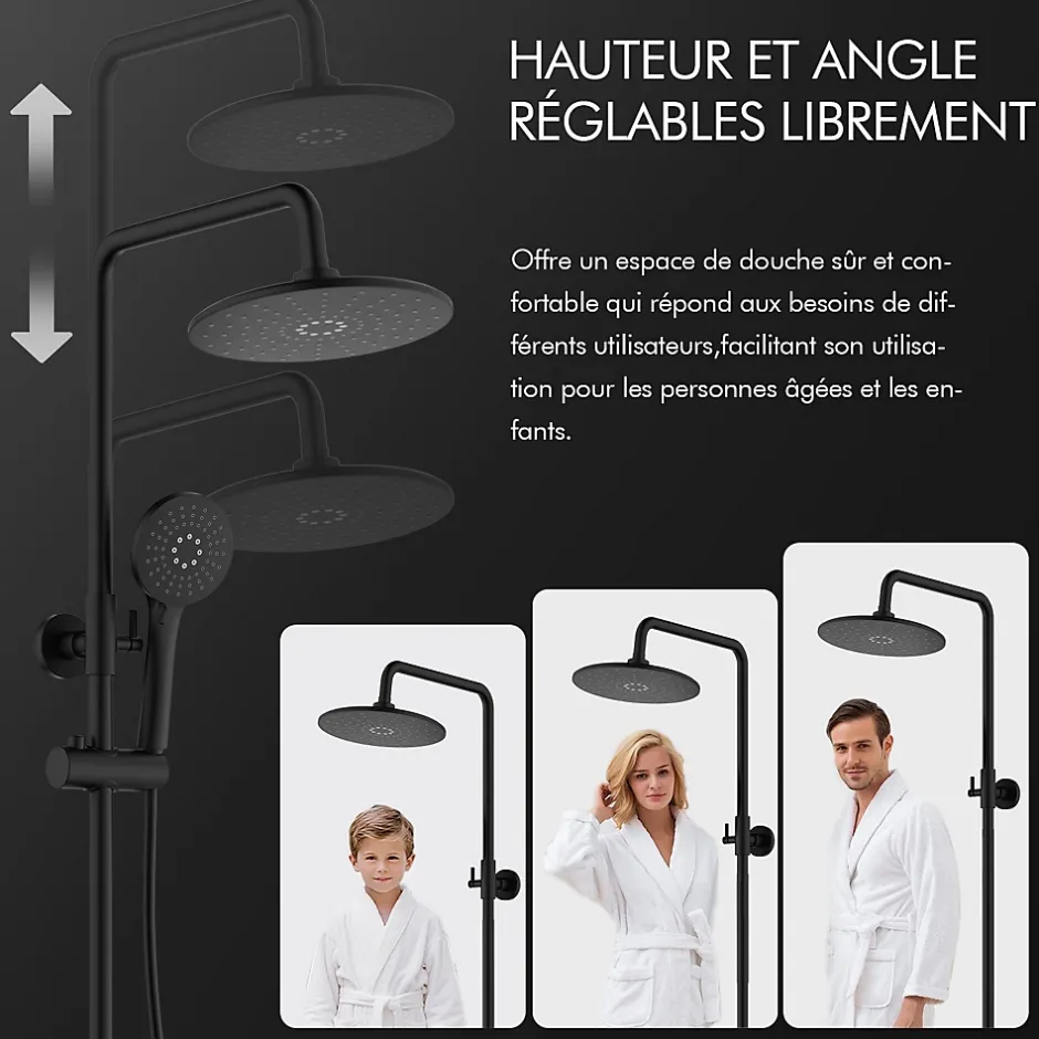 Homelody Système de Douche avec Thermostat et Tablette de Douche Ensemble de Douche Complet Noir avec Pomme de Douche Ronde Effet Pluie
