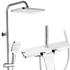 Homelody Système de douche avec thermostat et tablette en verre chromé Ensemble de douche complet avec douchette à main