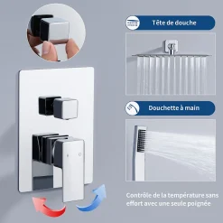 Homelody Système de Douche Encastré avec Mitigeur Mécanique Effet Pluie Ciel de Pluie Carré 300 mm Inox Chromé pour Salle de Bain