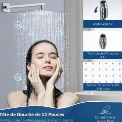 Homelody Système de Douche Encastré avec Mitigeur Mécanique Effet Pluie Ciel de Pluie Carré 300 mm Inox Chromé pour Salle de Bain