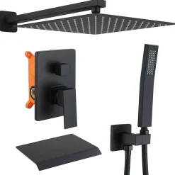 Homelody Système de Douche Encastrable Noir avec Grande Tête de Douche Carrée 12" et sortie de cascade ci-dessous* Colonne De Douche Encastrable