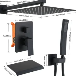 Homelody Système de Douche Encastrable Noir avec Grande Tête de Douche Carrée 12" et sortie de cascade ci-dessous* Colonne De Douche Encastrable
