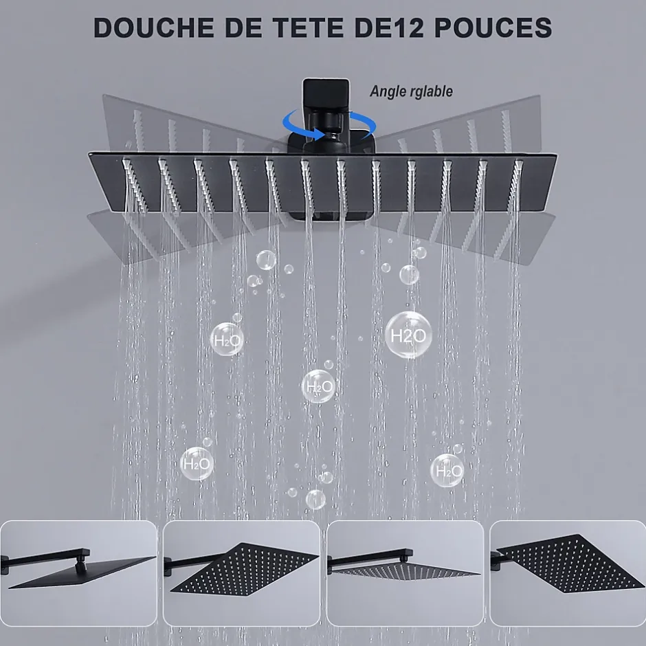 Homelody Système de Douche Encastrable Noir avec Grande Tête de Douche Carrée 12" et sortie de cascade ci-dessous* Colonne De Douche Encastrable