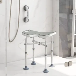 Homcom Tabouret de douche - siège de douche avec barre d'appui ventouse - hauteur réglable - alu HDPE gris blanc* Siège De Douche
