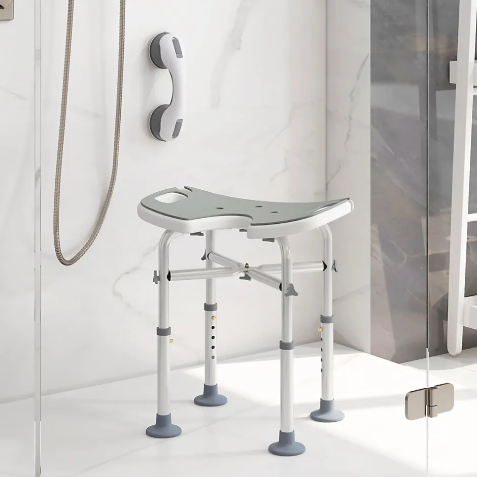 Homcom Tabouret de douche - siège de douche avec barre d'appui ventouse - hauteur réglable - alu HDPE gris blanc* Siège De Douche