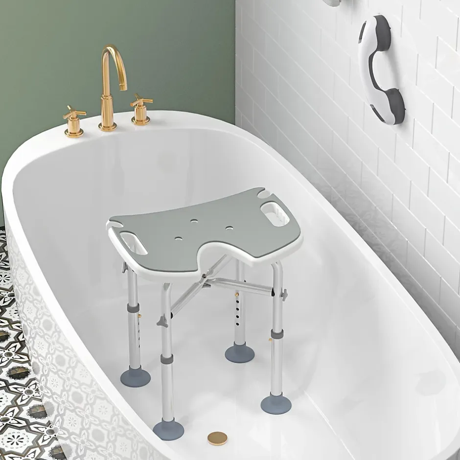 Homcom Tabouret de douche - siège de douche avec barre d'appui ventouse - hauteur réglable - alu HDPE gris blanc* Siège De Douche