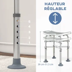 Homcom Tabouret de douche - siège de douche avec barre d'appui ventouse - hauteur réglable - alu HDPE gris blanc* Siège De Douche
