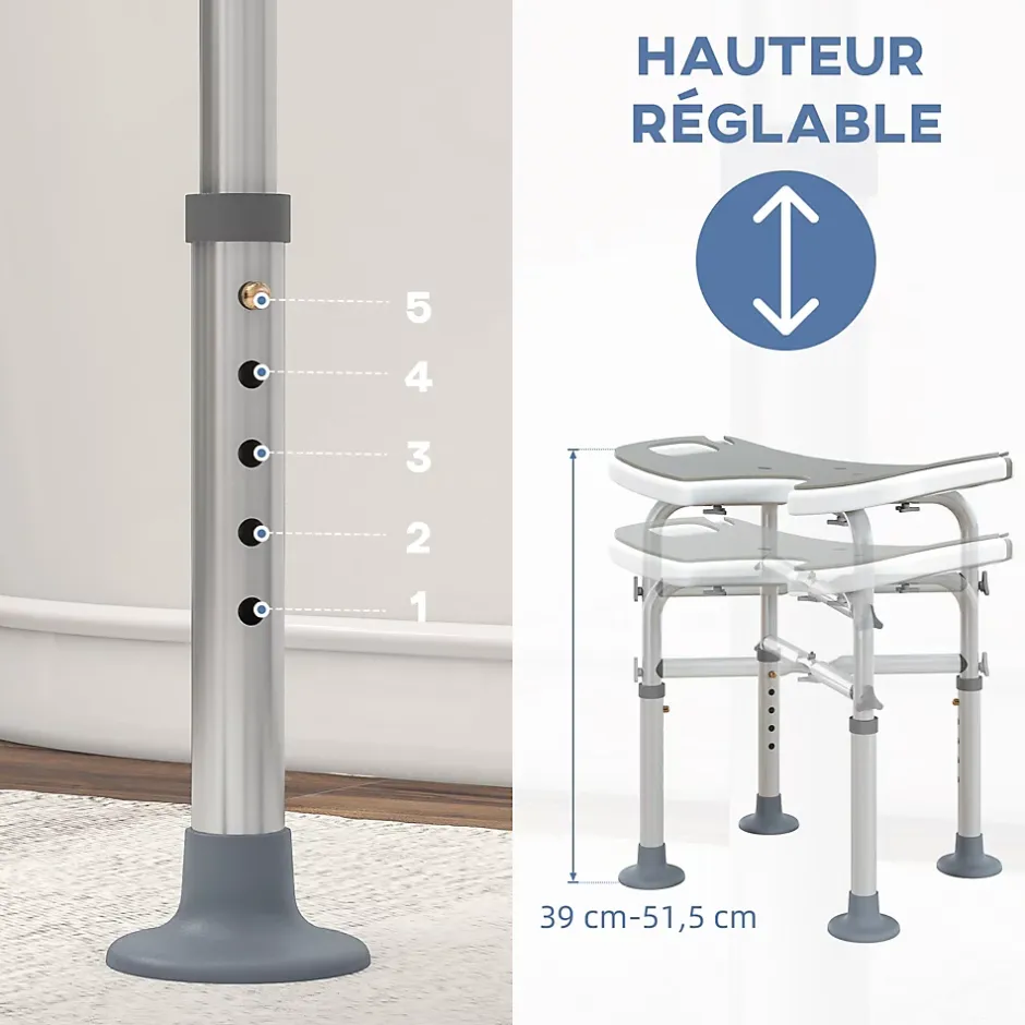 Homcom Tabouret de douche - siège de douche avec barre d'appui ventouse - hauteur réglable - alu HDPE gris blanc* Siège De Douche