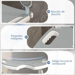 Homcom Tabouret de douche - siège de douche avec barre d'appui ventouse - hauteur réglable - alu HDPE gris blanc* Siège De Douche