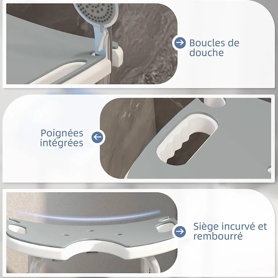 Homcom Tabouret de douche - siège de douche avec barre d'appui ventouse - hauteur réglable - alu HDPE gris blanc* Siège De Douche