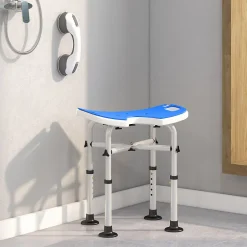 Homcom Tabouret de douche - siège de douche avec barre d'appui ventouse - hauteur réglable - alu HDPE bleu blanc* Siège De Douche