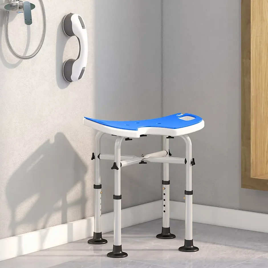 Homcom Tabouret de douche - siège de douche avec barre d'appui ventouse - hauteur réglable - alu HDPE bleu blanc* Siège De Douche