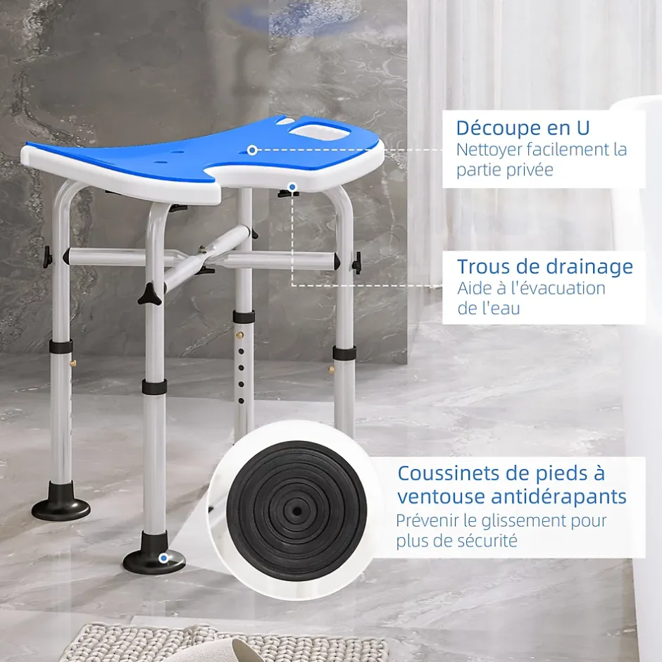 Homcom Tabouret de douche - siège de douche avec barre d'appui ventouse - hauteur réglable - alu HDPE bleu blanc* Siège De Douche