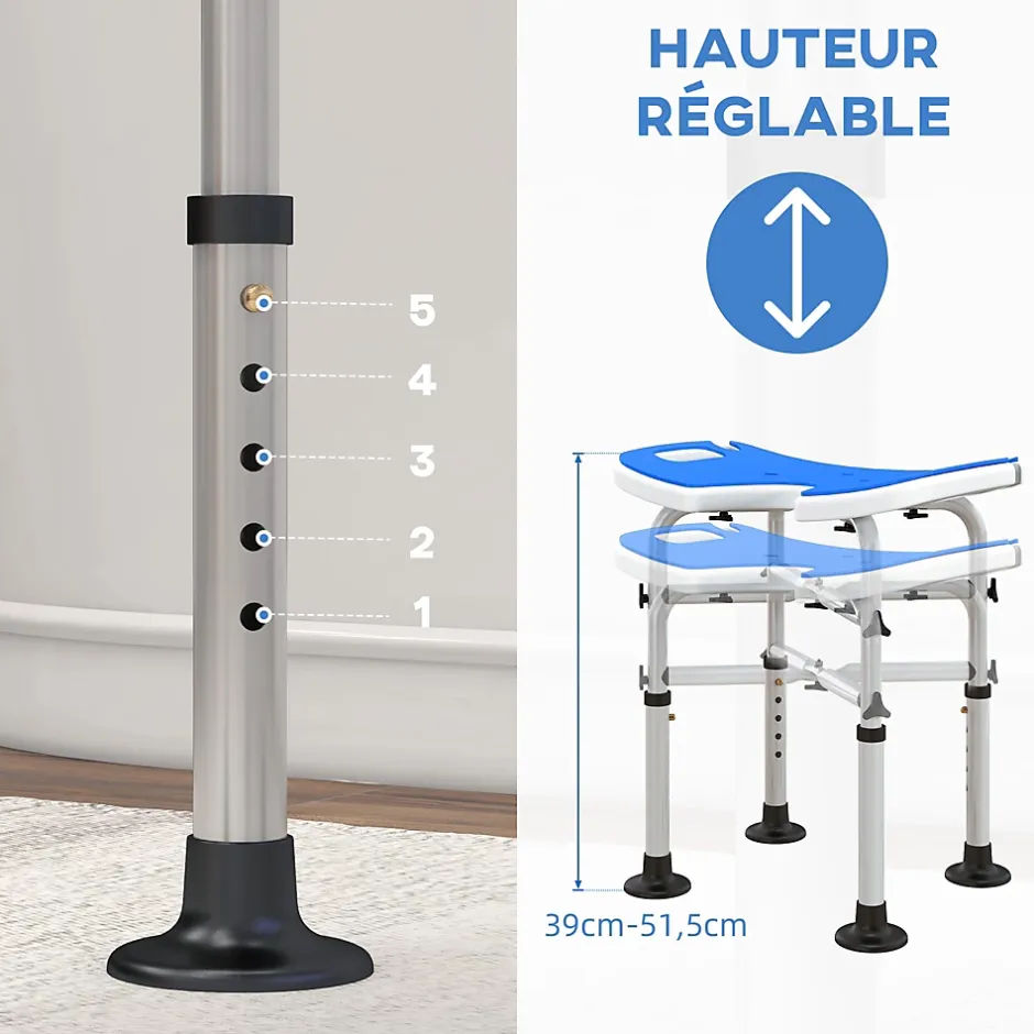 Homcom Tabouret de douche - siège de douche avec barre d'appui ventouse - hauteur réglable - alu HDPE bleu blanc* Siège De Douche