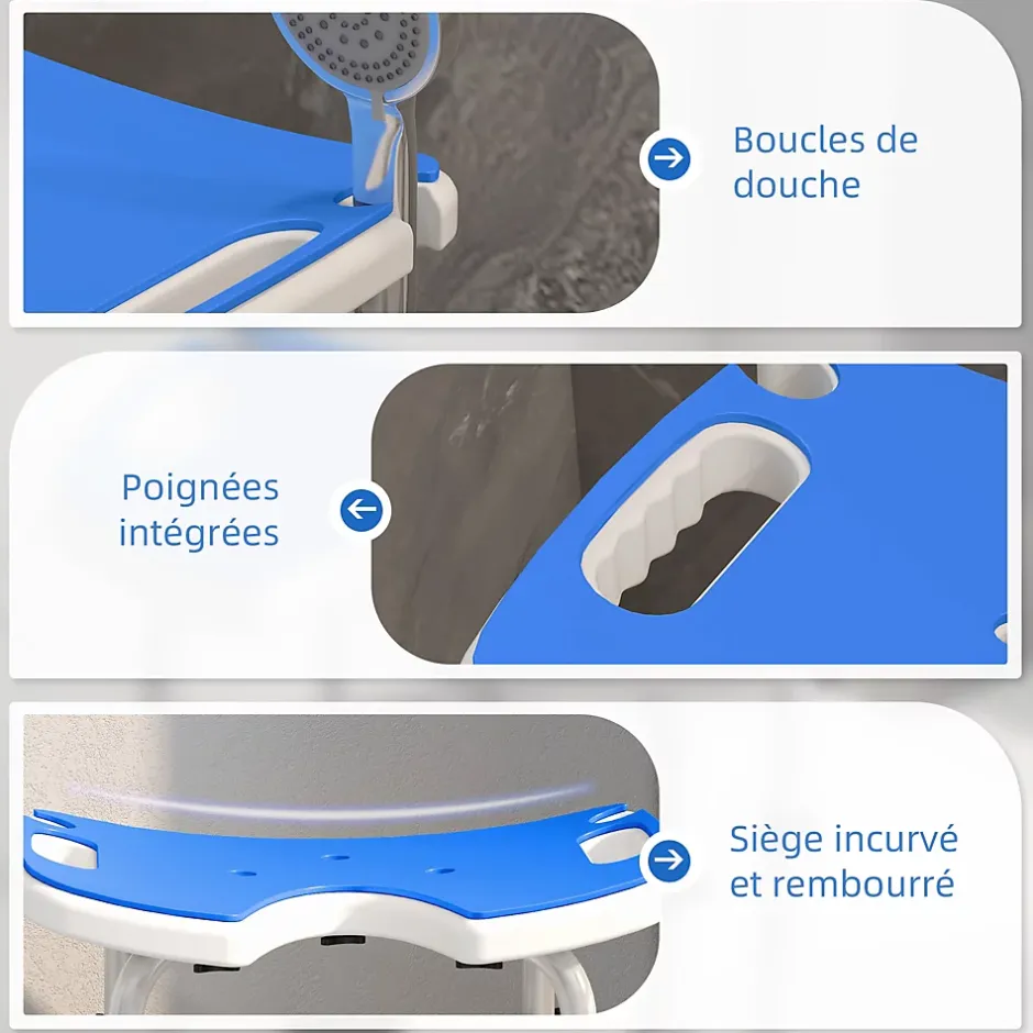 Homcom Tabouret de douche - siège de douche avec barre d'appui ventouse - hauteur réglable - alu HDPE bleu blanc* Siège De Douche