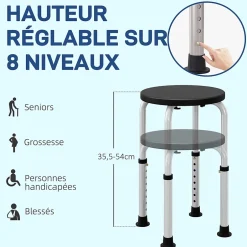 Homcom Tabouret de douche réglable en hauteur siège de douche ergonomique pieds antidérapants charge max. 136 Kg alu HDPE noir* Siège De Douche