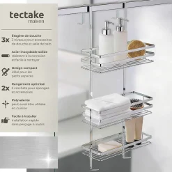 Tectake Étagère de douche en Acier inoxydable avec 3 étagères argent