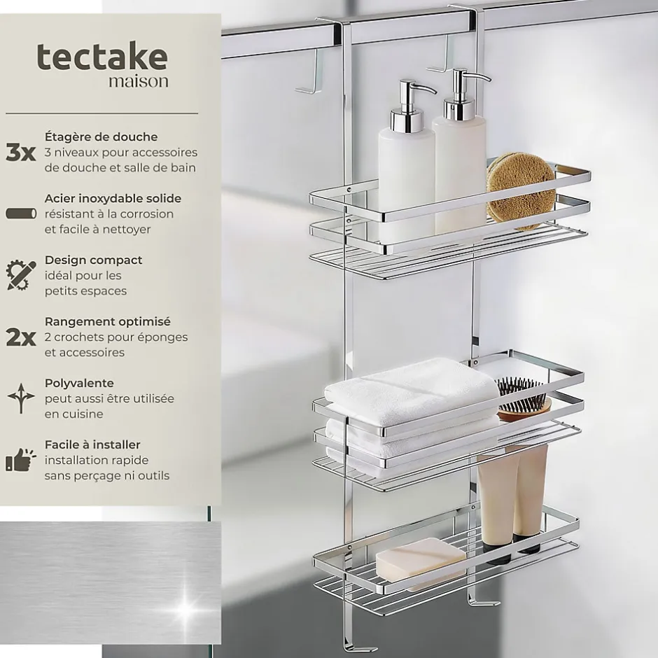 Tectake Étagère de douche en Acier inoxydable avec 3 étagères argent