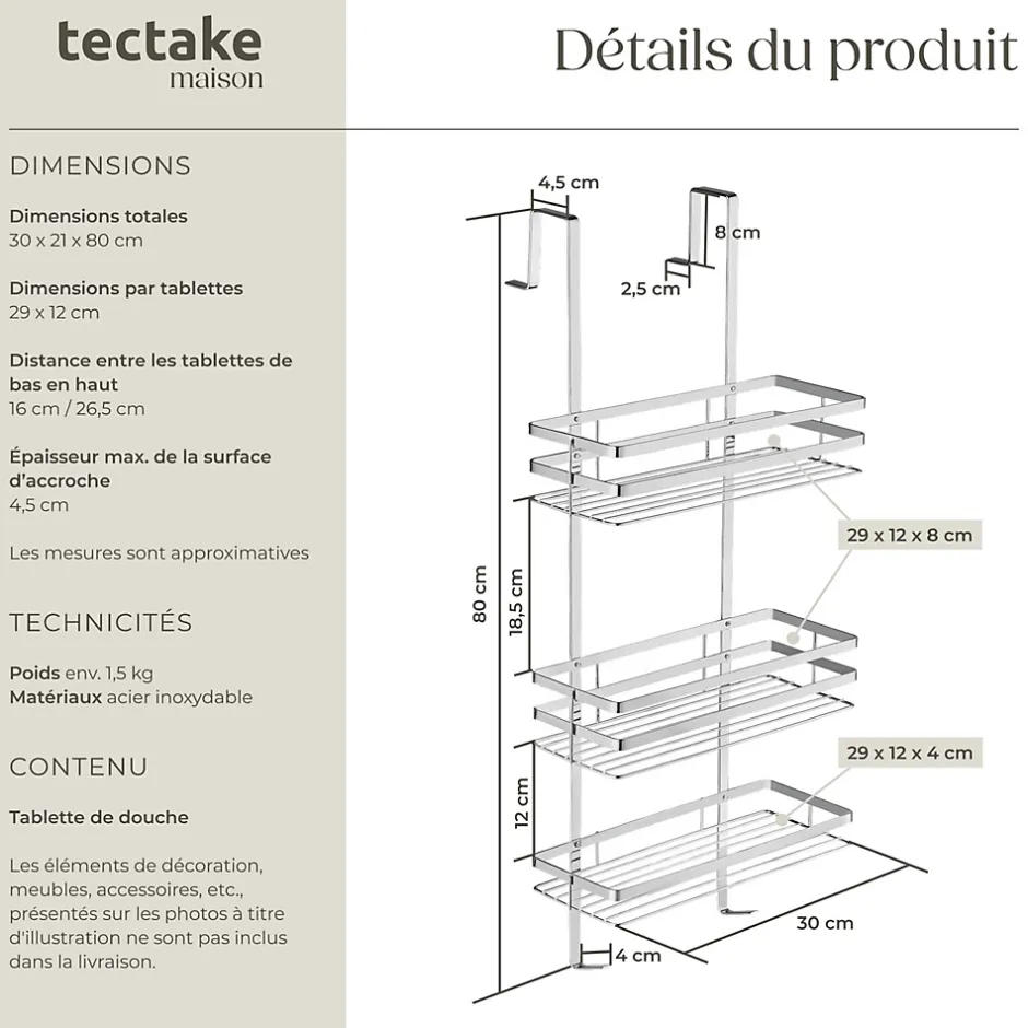 Tectake Étagère de douche en Acier inoxydable avec 3 étagères argent