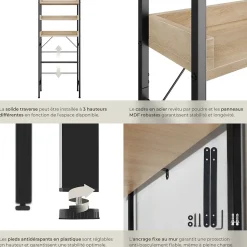 Tectake Étagère de salle de bain avec 3 étagères Style industriel Bois clair