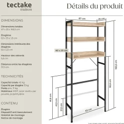 Tectake Étagère de salle de bain avec 3 étagères Style industriel Bois clair