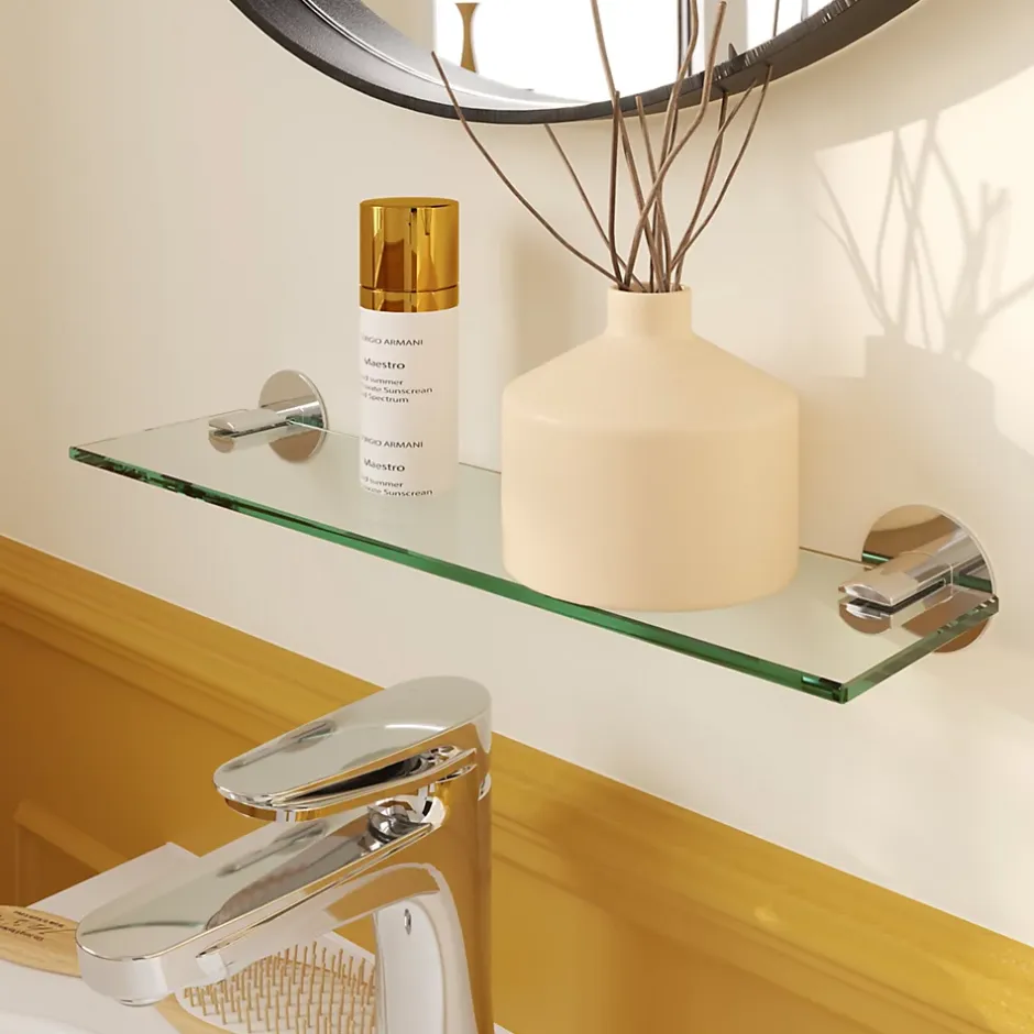 GoodHome Étagère de salle de bain en verre et acier inoxydable chromé H.40 cm Cavally* Etagère Salle De Bains