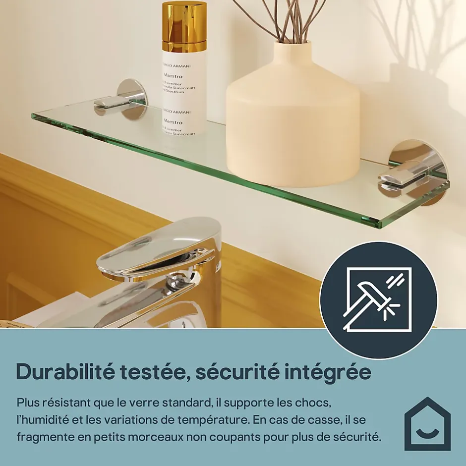 GoodHome Étagère de salle de bain en verre et acier inoxydable chromé H.40 cm Cavally* Etagère Salle De Bains