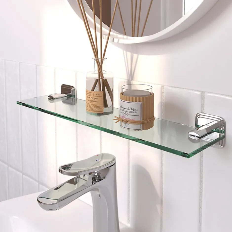 GoodHome Étagère de salle de bain en verre et acier inoxydable chromé H.40 cm Teesta