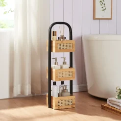 [En.Casa] Étagère de salle de bain Tervola 73x23x18,5cm noir naturel aspect rotin en.casa* Etagère Salle De Bains