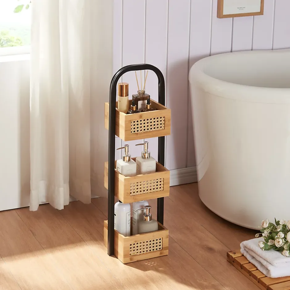 [En.Casa] Étagère de salle de bain Tervola 73x23x18,5cm noir naturel aspect rotin en.casa* Etagère Salle De Bains