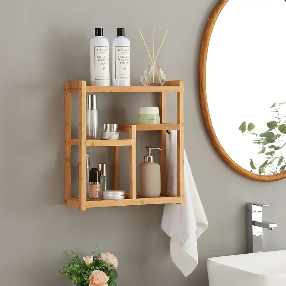 [En.Casa] Étagère murale pour salle de bain Höör bambou 42 x 37 x 17 cm naturel en.casa