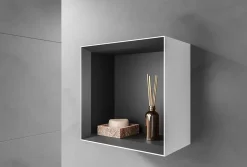 Bernstein Étagère murale suspendue carré design en MDF, résistant à l'humidité, laqué 7 fois - 32x32x17,7cm - ARCTIC 320 - Blanc mat* Etagère Salle De Bains