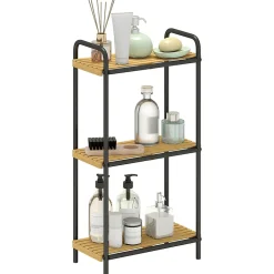 Homcom Étagère salle de bain bambou verni 3 niveaux autoportante cadre acier noir* Etagère Salle De Bains
