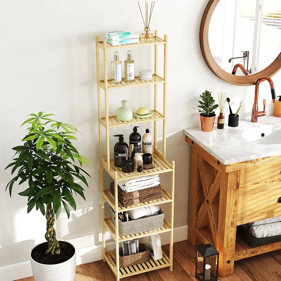 Homcom Étagère salle de bain bois bambou verni 7 niveaux étagères à lattes dim. 44 x 33 x 180 cm* Etagère Salle De Bains