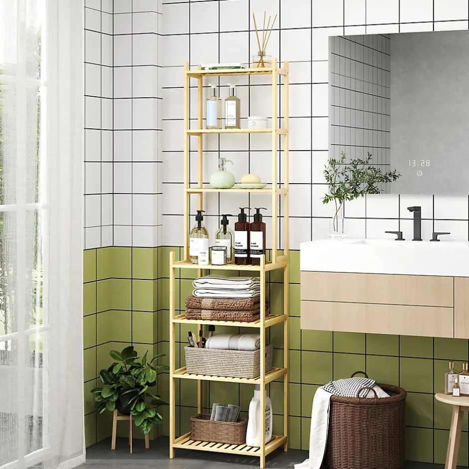 Homcom Étagère salle de bain bois bambou verni 7 niveaux étagères à lattes dim. 44 x 33 x 180 cm* Etagère Salle De Bains
