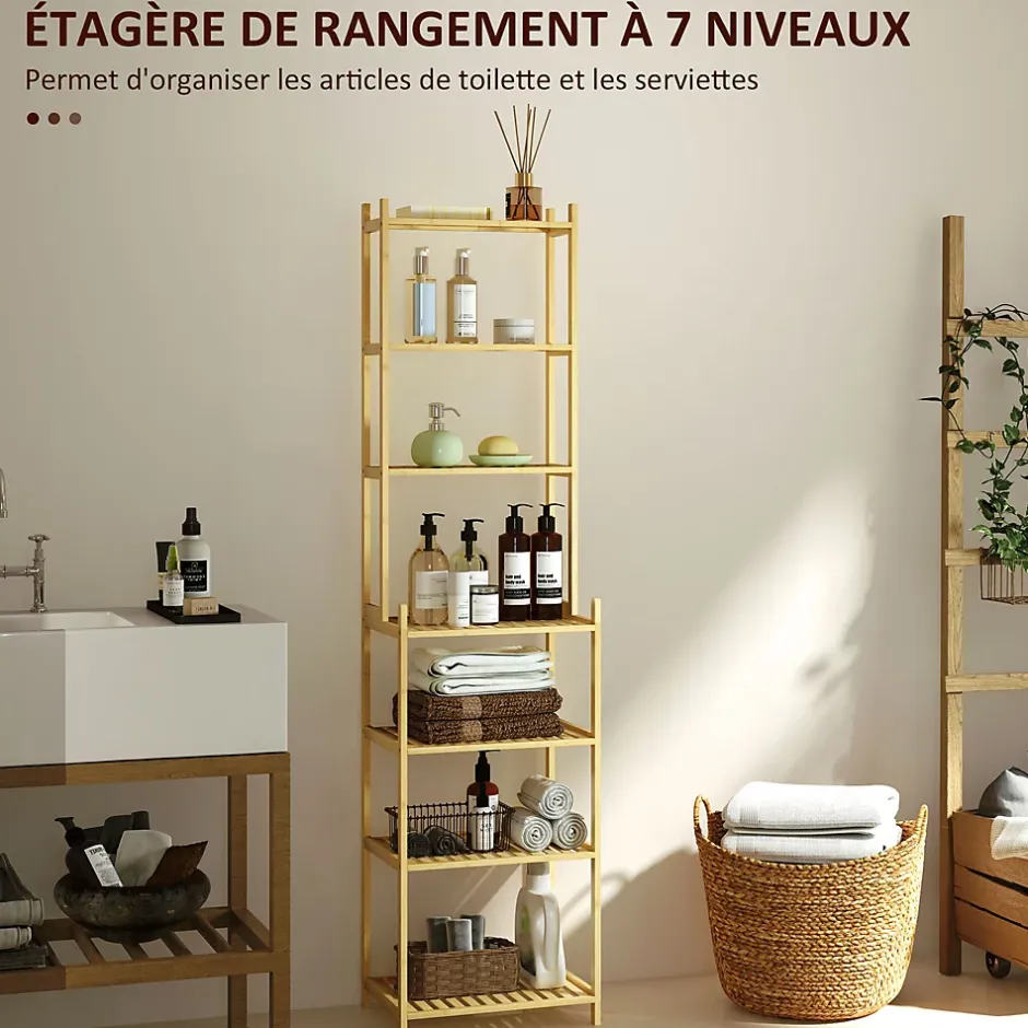 Homcom Étagère salle de bain bois bambou verni 7 niveaux étagères à lattes dim. 44 x 33 x 180 cm* Etagère Salle De Bains