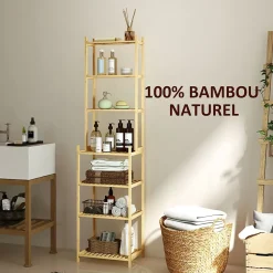 Homcom Étagère salle de bain bois bambou verni 7 niveaux étagères à lattes dim. 44 x 33 x 180 cm* Etagère Salle De Bains