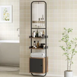 Homcom Étagère salle de bain design vintage avec miroir - porte, 2 étagères - 40 x 30 x 179 cm - métal noir effet bois