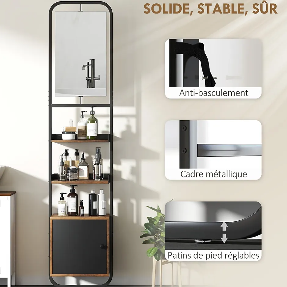 Homcom Étagère salle de bain design vintage avec miroir - porte, 2 étagères - 40 x 30 x 179 cm - métal noir effet bois