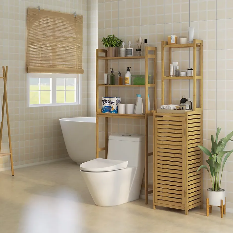 ProximaX Étagère WC autoportante 3 niveaux en bambou naturel, meuble salle de bain gain de place avec système anti-basculement