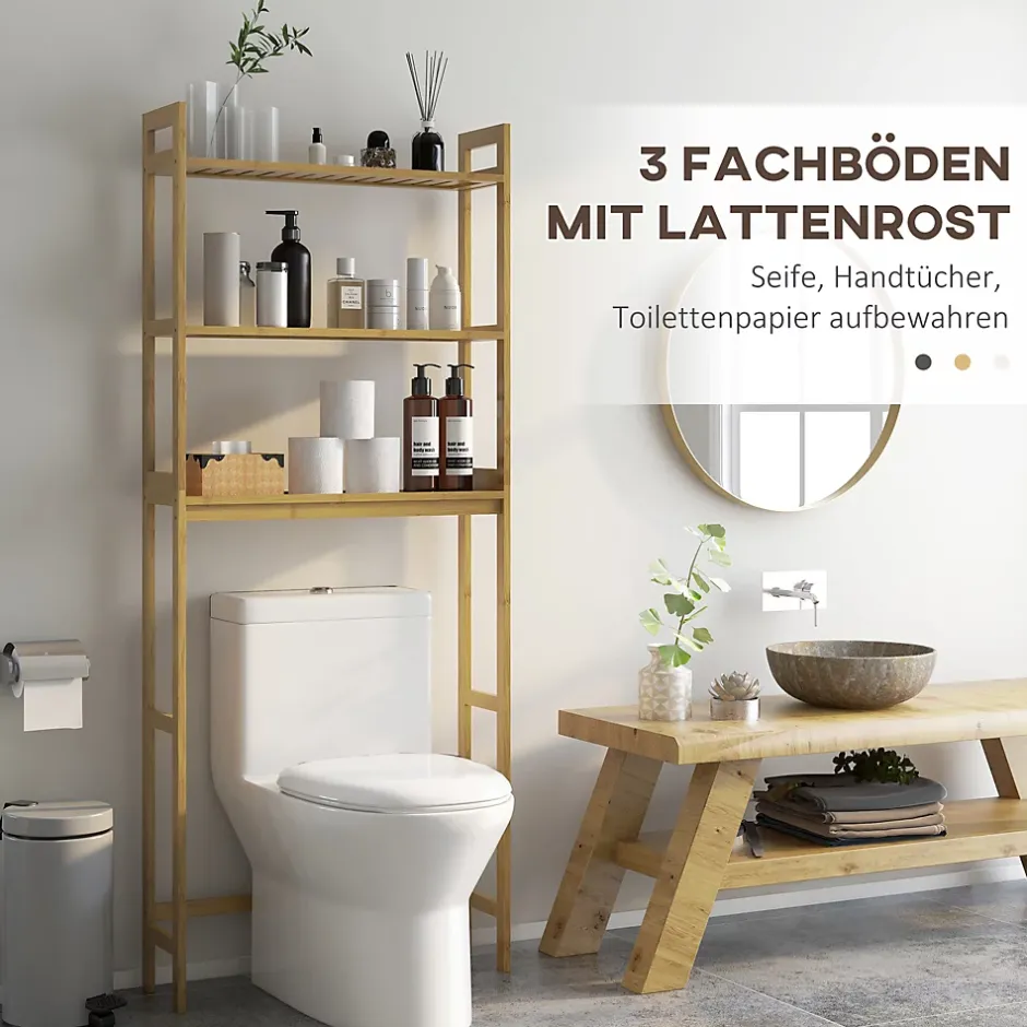 ProximaX Étagère WC autoportante 3 niveaux en bambou naturel, meuble salle de bain gain de place avec système anti-basculement