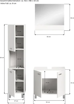 Chb Collection Tambo - Ensemble de 3 meubles de salle de bains (L/H/P : 102x186x33 cm) en mélaminé blanc, vasque non incluse