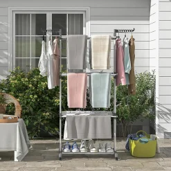 Giantex étendoir à Linge 4 Niveaux Support Pliable avec 3 Plateaux Rétractables 1 étagère à Chaussures Inférieure