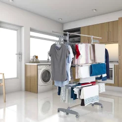 Kitchen Move Étendoir à linge multifonction sur roulettes 30 m d'étendage, 30 accessoires, 4 niveaux et 2 portes-cintres, gris et inox, Access* Etendoir À Linge