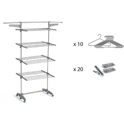 Kitchen Move Étendoir à linge multifonction sur roulettes 30 m d'étendage, 30 accessoires, 4 niveaux et 2 portes-cintres, gris et inox, Access* Etendoir À Linge