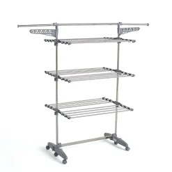 Kitchen Move Étendoir à linge multifonction sur roulettes grande capacité 25 m 3 niveaux et 2 portes-cintres, gris et inox, Extra Plus* Etendoir À Linge