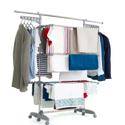 Kitchen Move Étendoir à linge multifonction sur roulettes 25 m d'étendage, 30 accessoires, 4 niveaux et 2 portes-cintres, gris et inox, Access* Etendoir À Linge