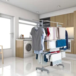 Kitchen Move Étendoir à linge multifonction sur roulettes 25 m d'étendage, 30 accessoires, 4 niveaux et 2 portes-cintres, gris et inox, Access* Etendoir À Linge