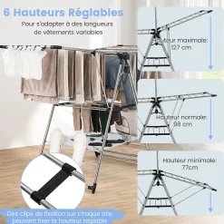 Giantex Étendoir à Linge Pliable à 6 Niveaux Réglable en Hauteur avec Cintres Suspendus en Hauteur et Clips Latéraux Séchoir à Ailes* Etendoir À Linge